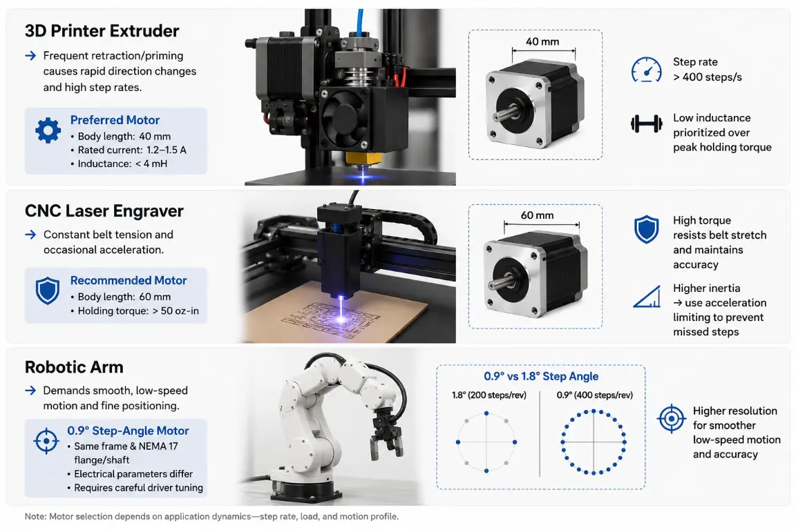 NEMA 17 stepper motor applications for 3D printers, CNC laser engravers, and robotic arms.