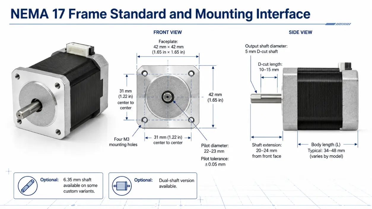 nema 17 stepper motor size, 42 mm frame and mounting interface dimensions for engineers.
