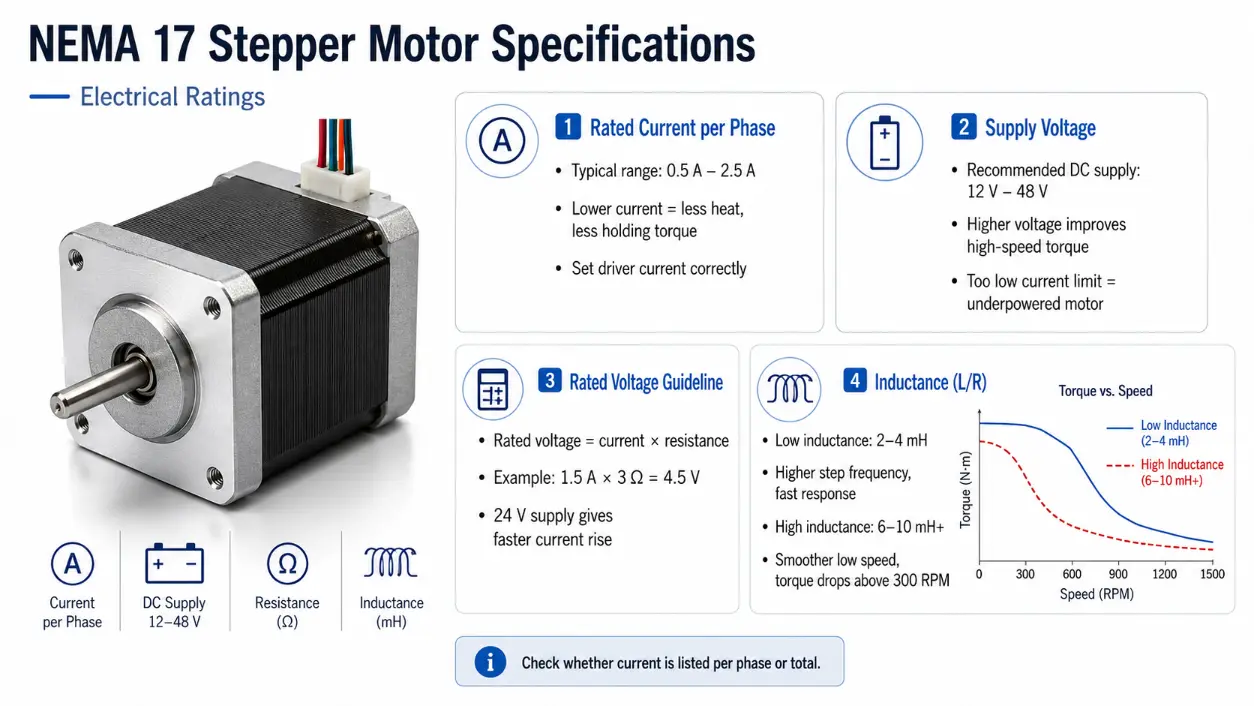 NEMA 17 stepper motor specifications with current, voltage and inductance ratings for engineers.