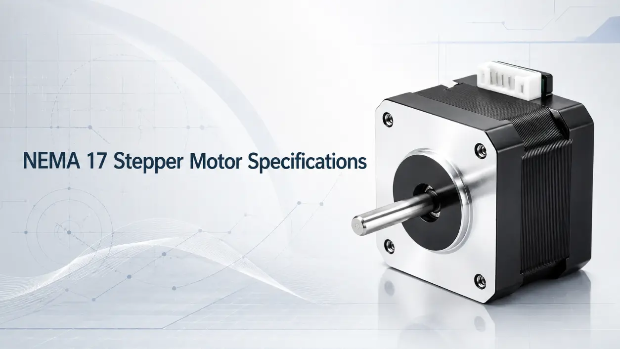 nema 17 stepper motor specifications, silver-black motor with technical grid for industrial engineers.
