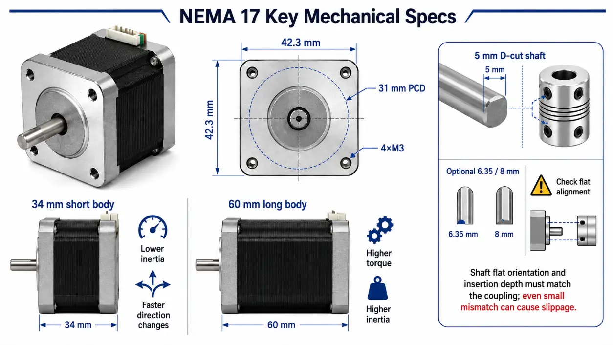 NEMA 17 stepper motor specifications showing frame size, body length, D-cut shaft, and mounting dimensions.