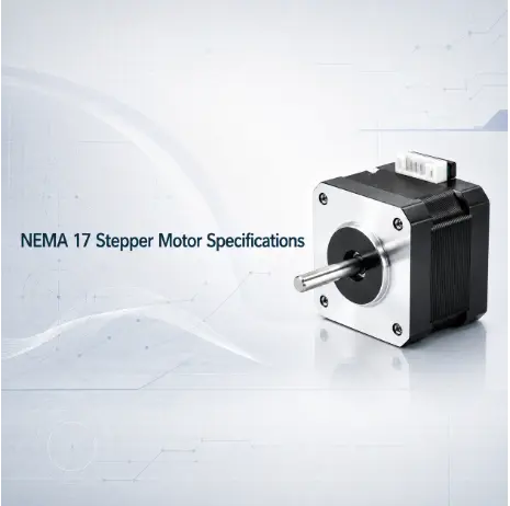 nema 17 stepper motor specifications, silver-black motor on blueprint background for industrial engineers.