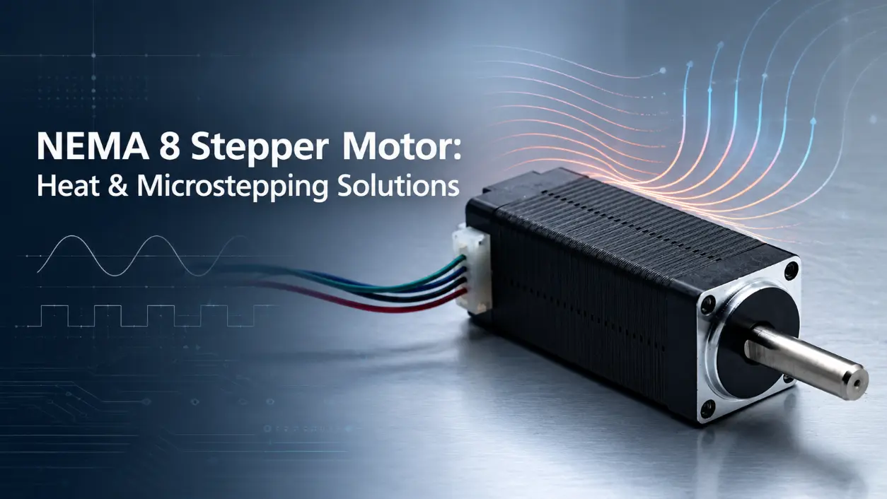 nema 8 stepper motor with black square body and wires on metallic surface for engineers evaluating heat
