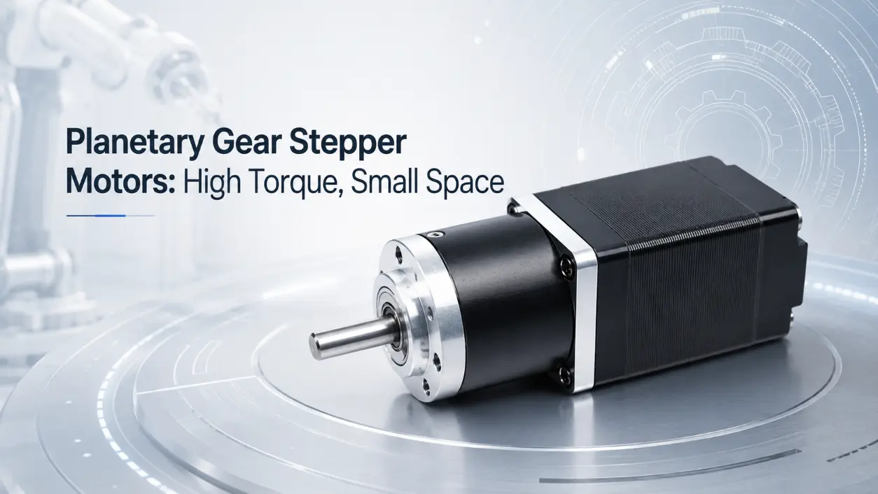 planetary gear stepper motor with high torque on metallic tech surface for industrial robots.