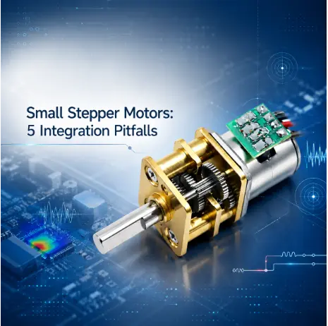 Small stepper motors with golden gearbox on blue circuit background for engineers.