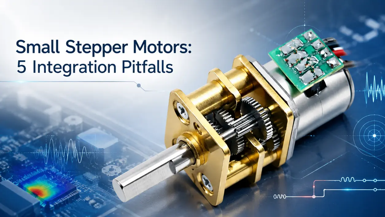 Small stepper motors featuring metallic gears and driver board on blue PCB background for designers.