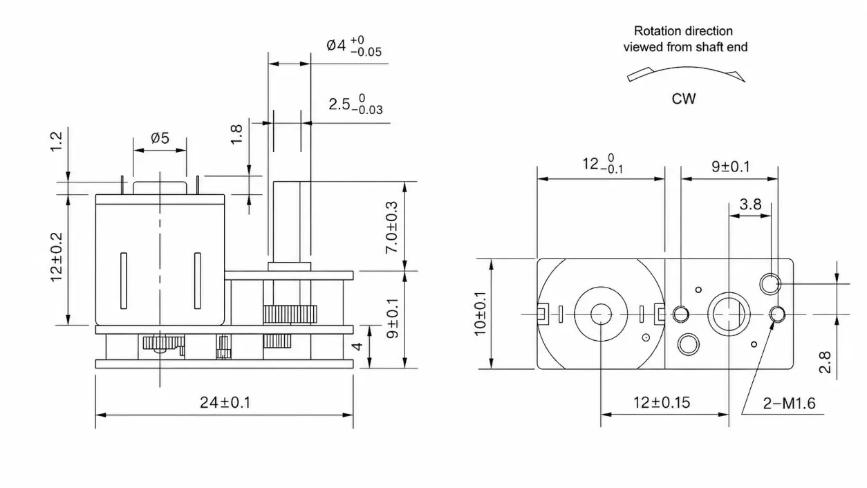 Kechen Motor n10 motor KC-GM1024-N10, 10×24 mm metal spur gearbox, 2-M1.6 mounting and double-flat shaft dimensions.