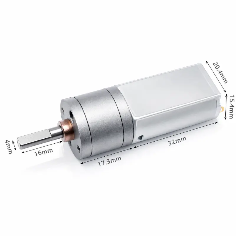 Kechen Motor 180 motor with 20 mm metal spur gearbox, 4 mm D-shaft and dimensional reference for compact drive design.