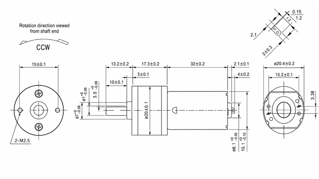 Kechen Motor KC-GM20-180SH 180 motor with 20 mm metal gearbox, 4 mm D-shaft and 2-M2.5 mounts for compact drives.