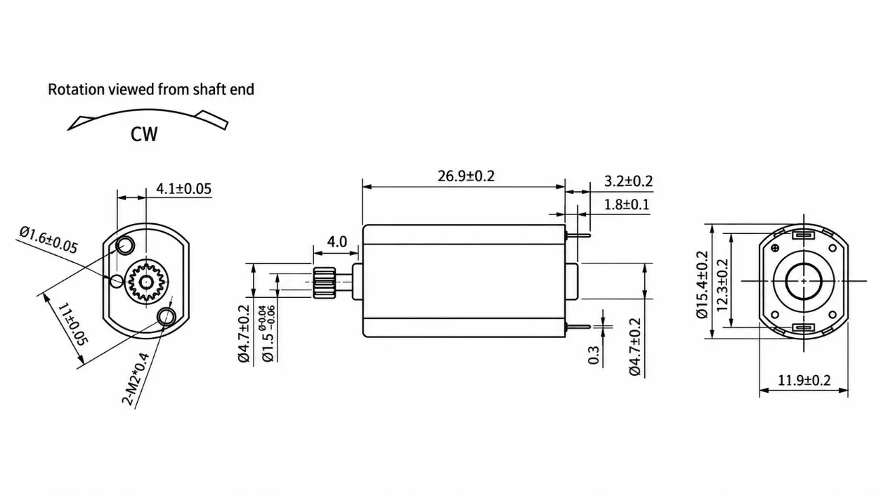 Kechen Motor small DC motor KC-050SH with metal starter gear, 15.4 mm frame and 26.9 mm body dimensions.
