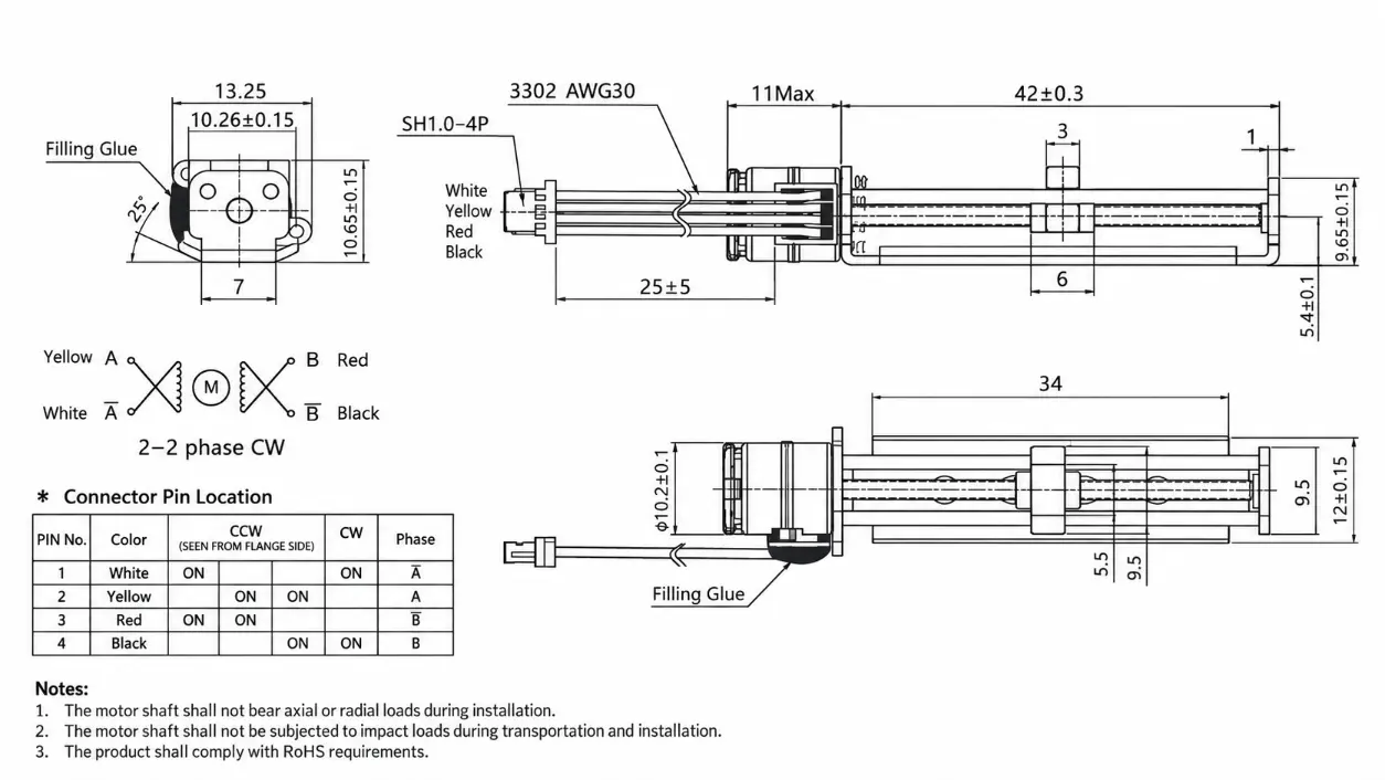 Kechen Motor 10mm stepper motor linear slide KC-10BY25 drawing with 42 mm linear section and lead screw dimensions