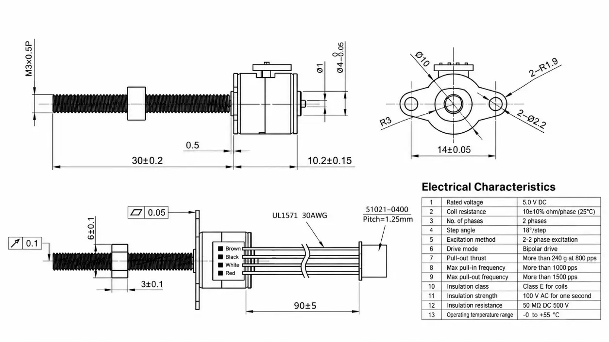 Kechen Motor micro stepper motor with lead screw, KC-10BY25, 10mm body, 30mm M3×0.5 screw, flange and wiring dimensions.