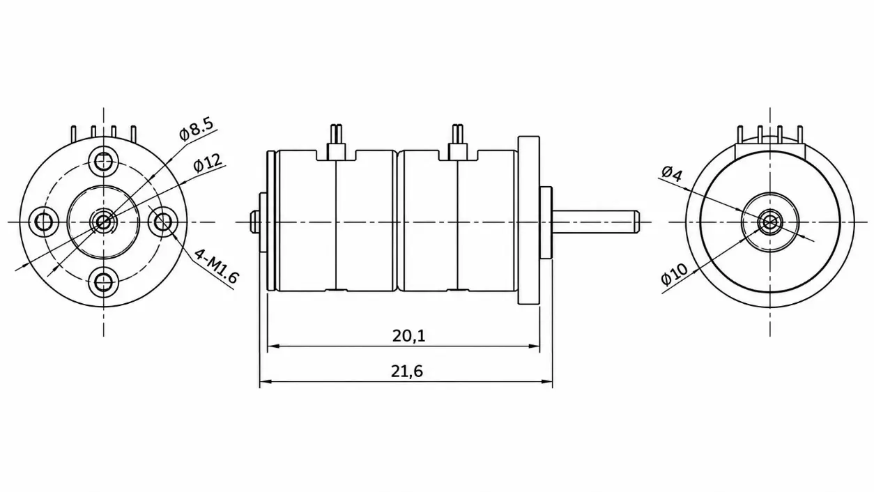 10mm Double-Layer Micro Stepper Motor Dimensions | KC-10BY2510-N Kechen Motor KC-10BY2510-N micro stepper motor drawing showing 10mm body, 21.6mm length and four M1.6 mounting holes.