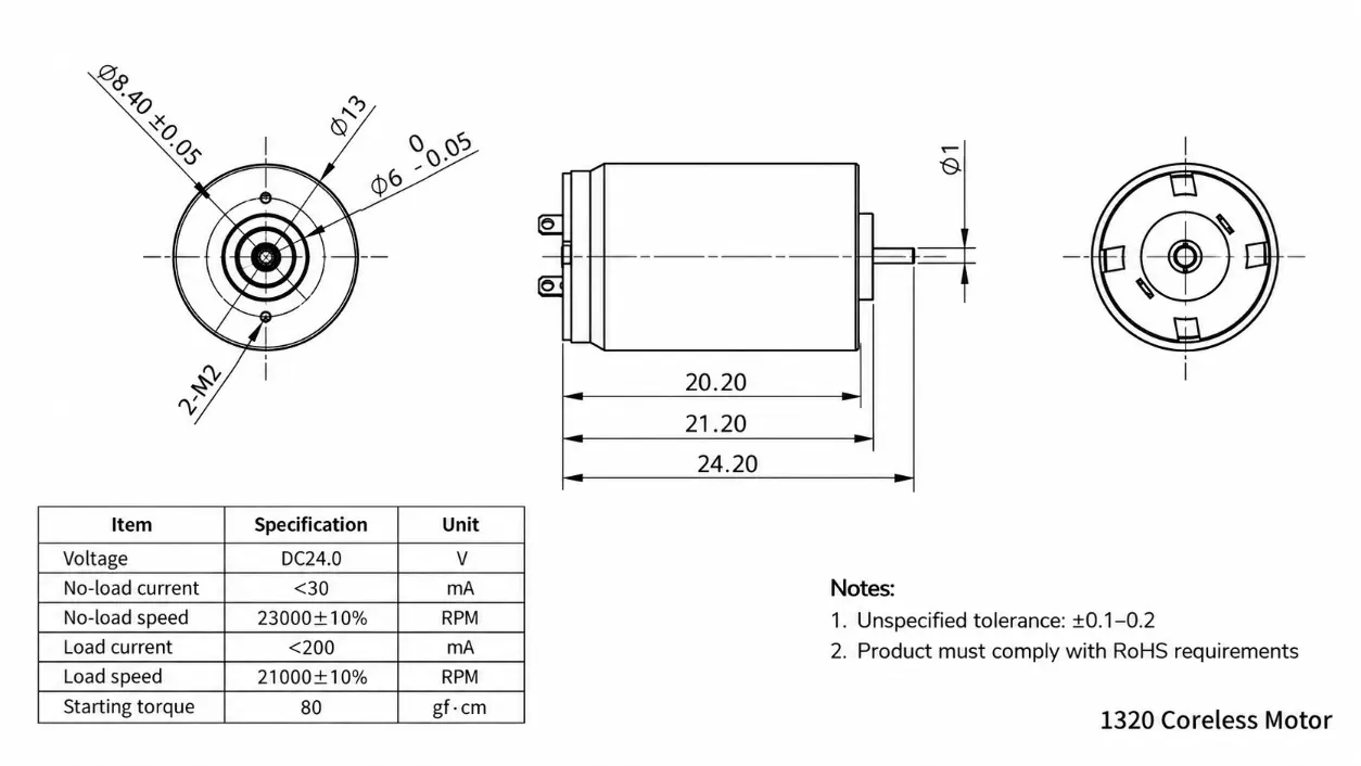 1320 Micro Brushless Motor Coreless 24V 13mm Drawing | Kechen Motor Kechen Motor 1320 micro brushless motor, 24V, 13mm OD, 1mm shaft and 2-M2 mounting for compact motion systems.