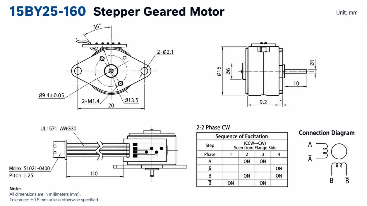 Kechen Motor 15mm miniature stepper motor drawing with Ø1 mm shaft, 20 mm mounting width and MOLEX connector.