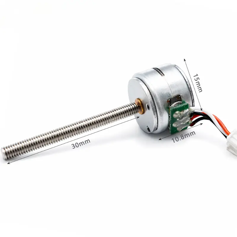 Kechen Motor micro stepper motor with lead screw, 15mm PM stepper with 30mm M3 threaded shaft, side view.