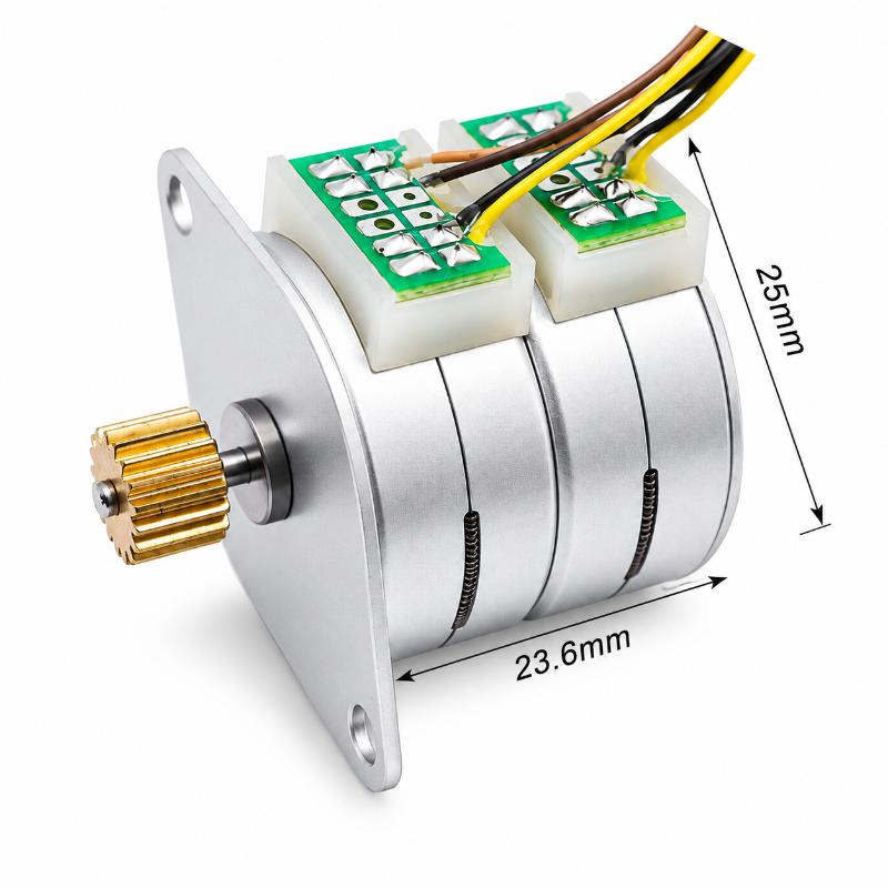 Kechen Motor 25mm small stepper motor with 23.6mm body length, dual-layer PM design and 15T gear for compact actuators.