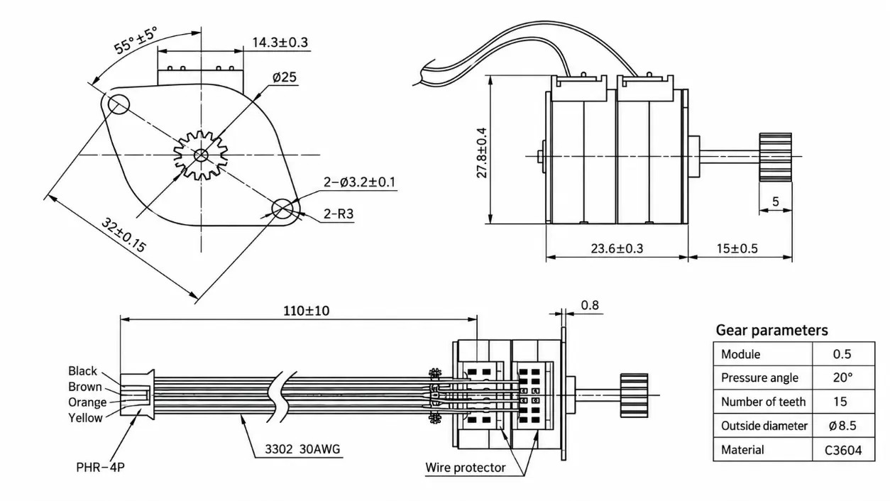 Kechen Motor 25mm small stepper motor, 24 V bipolar, 15° step, 23.6 mm body with 15-tooth spur gear for positioning.