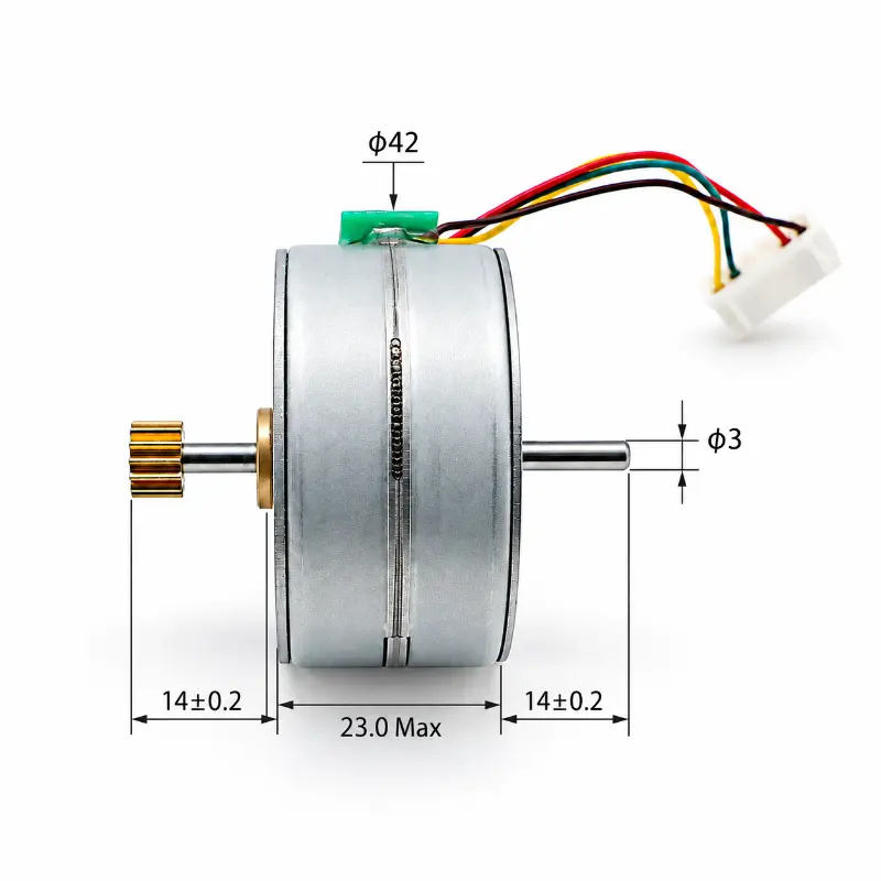 Kechen Motor 42mm permanent magnet stepper motor KC-42BY212, Ø42 mm body, 23 mm max length and Ø3 mm dual shafts.