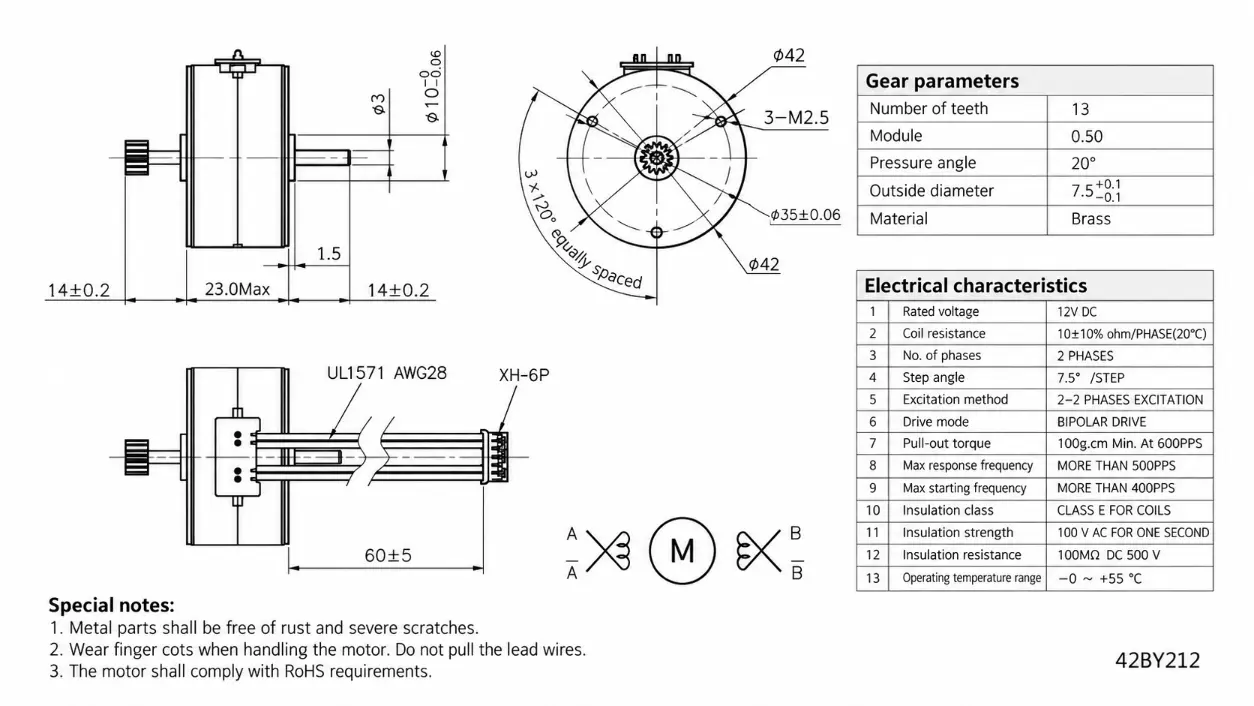 Kechen Motor 42mm permanent magnet stepper motor, KC-42BY212, 12V dual shaft, 7.5° step, 3 × M2.5 mounting for OEM drives.