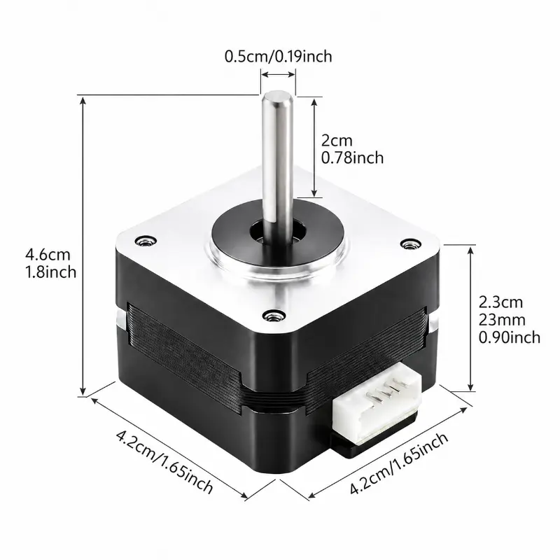 Kechen Motor NEMA 17 23mm dimensions showing 42mm frame, 23mm body, 5mm shaft and 20mm shaft length.
