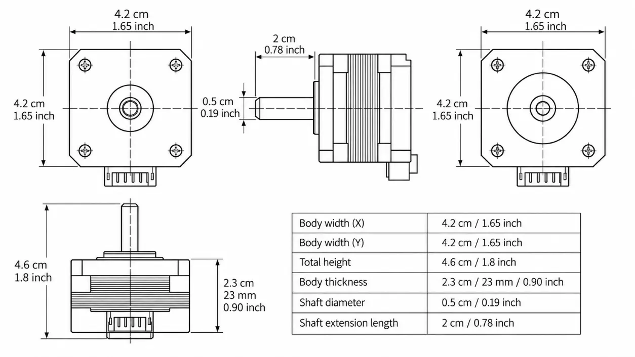 Kechen Motor NEMA 17 23mm stepper motor, 42mm frame, 5mm D-shaft and 20mm shaft length for CNC and 3D printers.