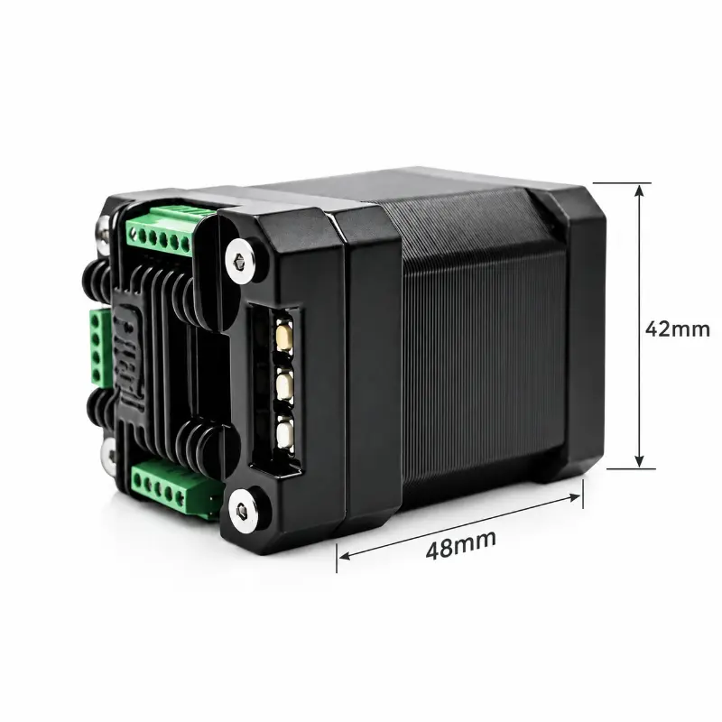 Kechen Motor NEMA 17 stepper motor with encoder, 42×48mm body, built-in driver, encoder and rear terminal dimensions.