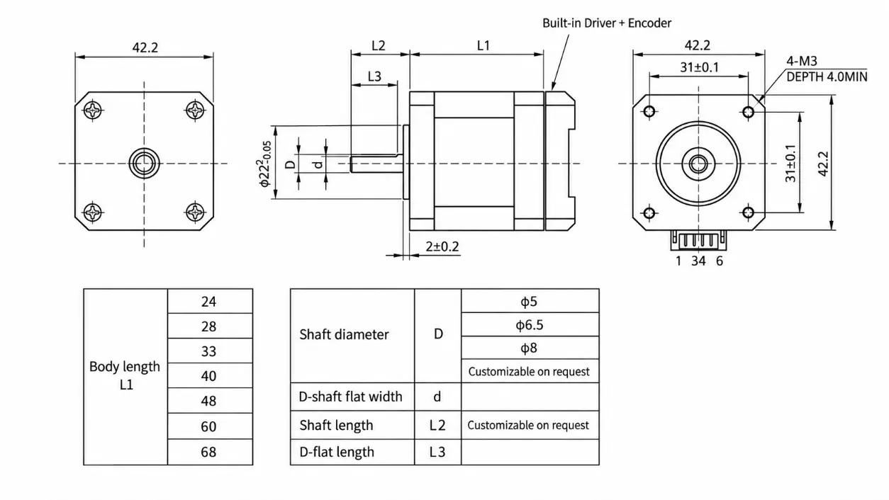 NEMA 17 Stepper Motor with Encoder KC-42HB-48L 48mm Dimensions - Kechen Motor Kechen Motor NEMA 17 stepper motor with encoder, KC-42HB-48L, 42mm frame, 48mm body, 5mm D-shaft and built-in driver.