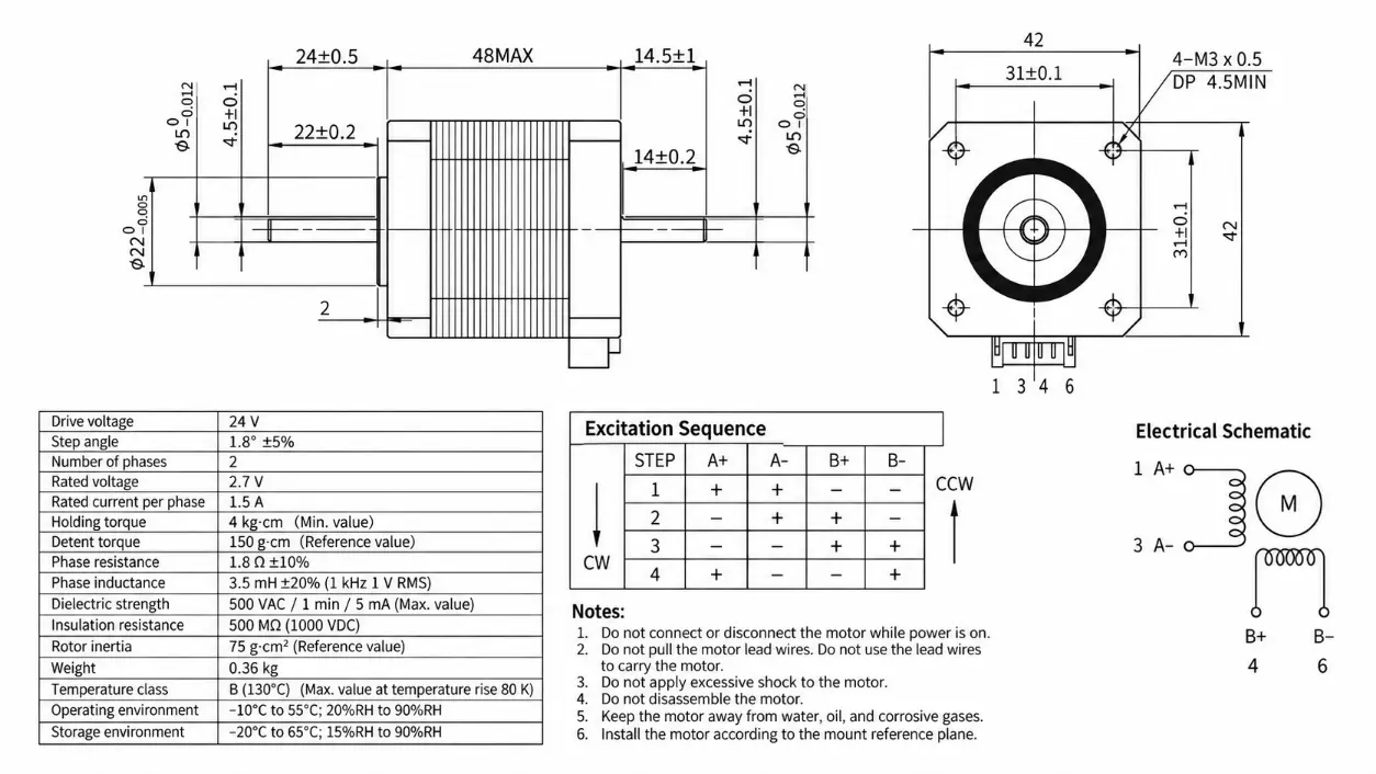 Kechen Motor NEMA 17 dual shaft stepper motor, 42 mm frame, 24V, 1.5A, 31 mm mounting dimensions for OEM motion systems