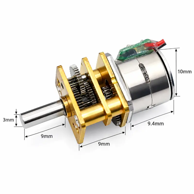 Kechen Motor 10mm geared stepper motor with 3mm D-shaft, 9mm gearbox and dimension annotations for compact motion drives.