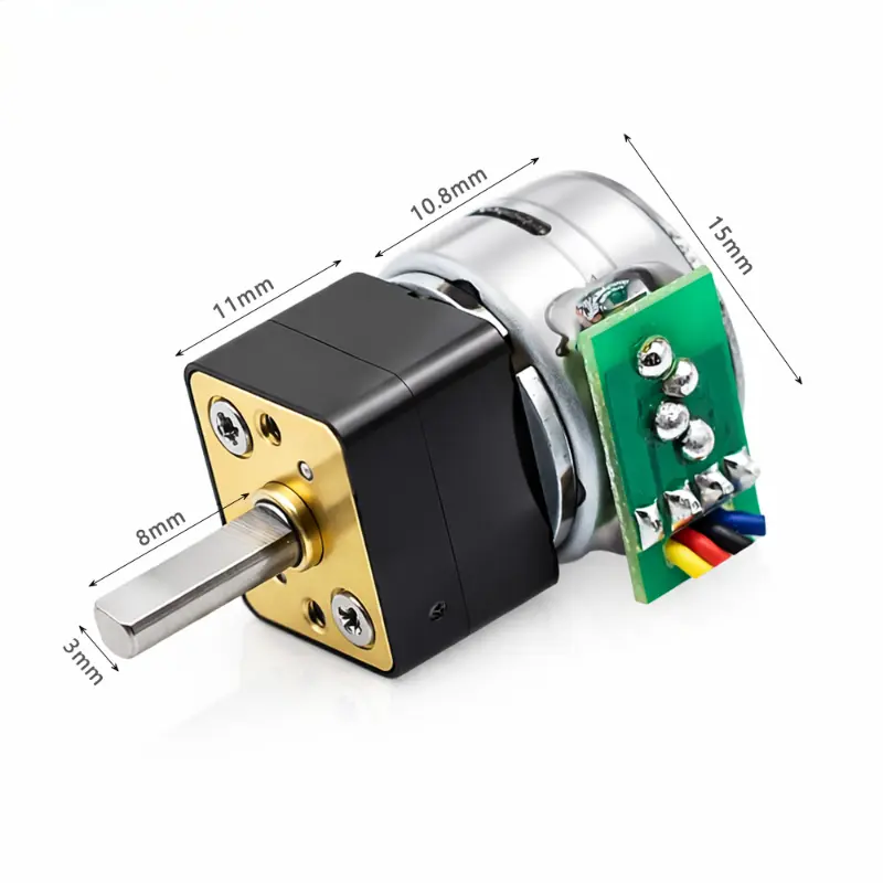 Kechen Motor 12V geared stepper motor with black gearbox, 3mm D-shaped shaft, mounting face and dimension annotations.