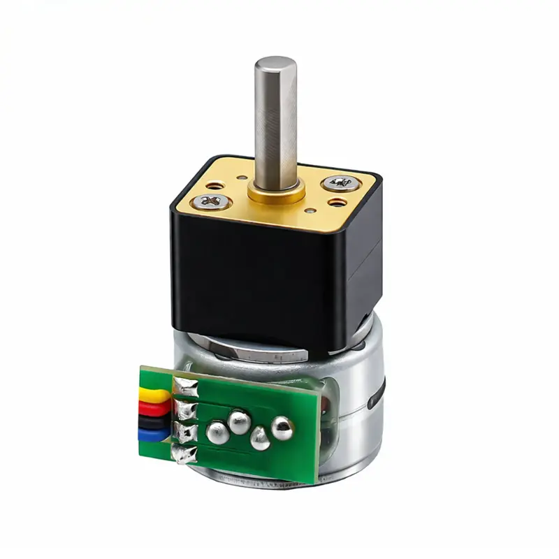 Kechen Motor 12V geared stepper motor with 15mm motor body, black reduction gearbox, D-shaped shaft and wiring board.