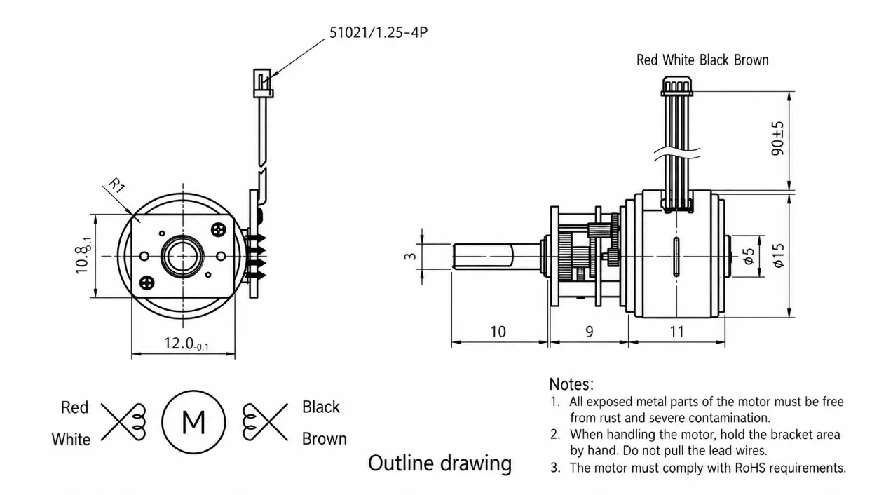 KC-GM12-15BY Geared Stepper Motor D-Shaft Dimensions Drawing Kechen Motor KC-GM12-15BY geared stepper motor drawing, 15mm body, 3mm D-cut shaft and 9mm gearbox for motion control.