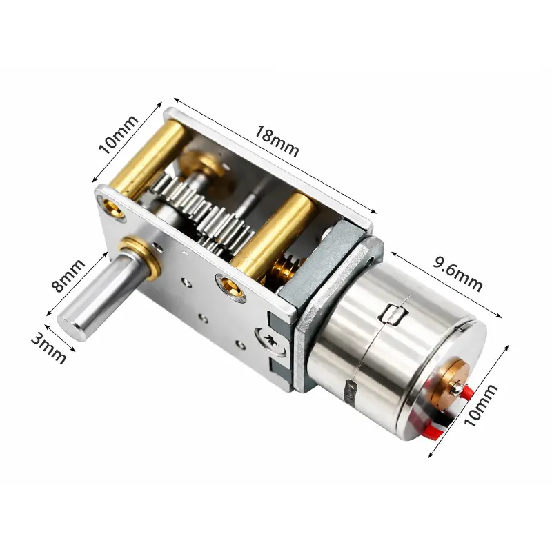 10mm worm gear stepper motor by Kechen Motor with 18mm gearbox, exposed gears and shaft dimensions.