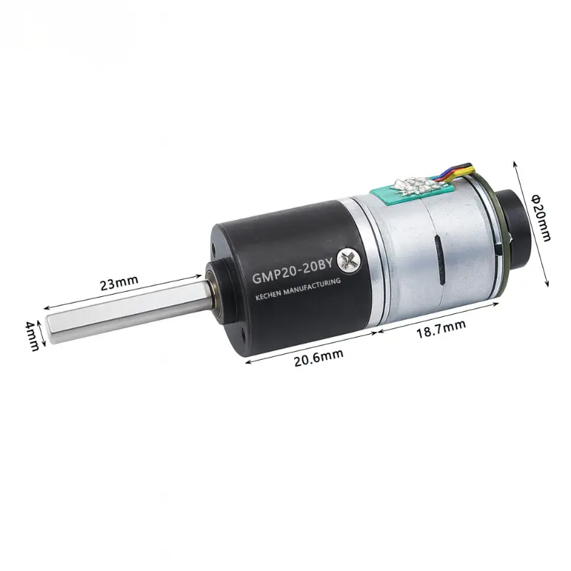 Kechen Motor planetary geared stepper motor showing 20mm diameter, 23mm output shaft and gearbox dimensions.