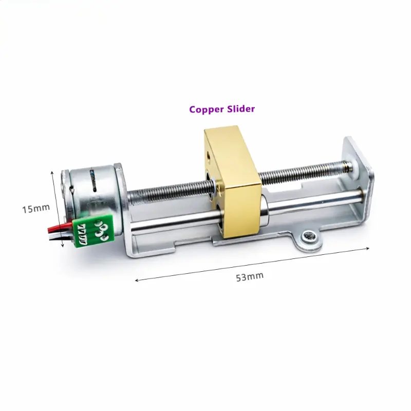 Kechen Motor motorized linear slide KC-15BY53, top angled view showing the copper slider, lead screw and twin guide rods.