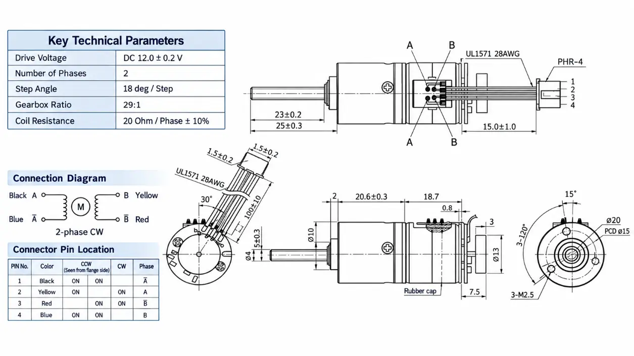 20mm Planetary Geared Stepper Motor 29:1 Dimensions and Wiring | Kechen Motor Kechen Motor planetary geared stepper motor 20mm, 29:1 ratio, showing D-shaft dimensions, mounting holes and wiring diagram.