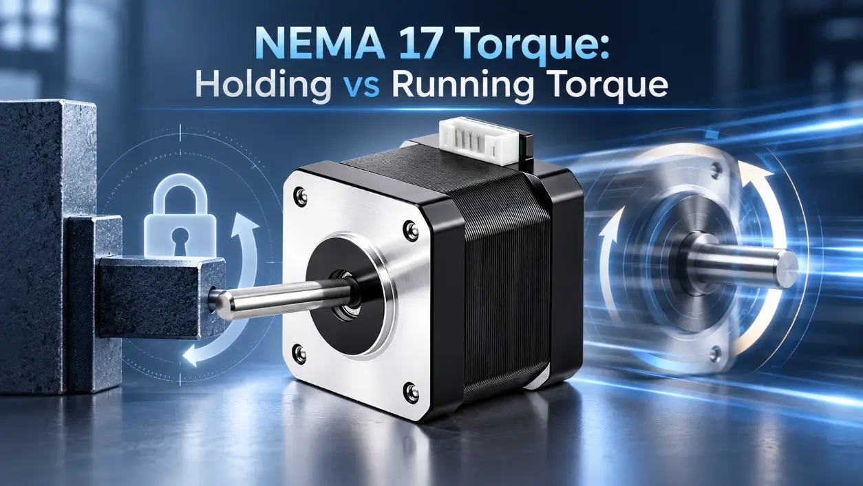 nema 17 torque stepper motor with lock and rotation graphics in a wide blue industrial scene for engineers