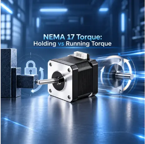 nema 17 torque stepper motor with lock and rotation graphics in a square blue industrial scene for engineers