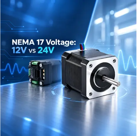 nema 17 voltage 12V vs 24V stepper motor and driver on blue tech background for engineers