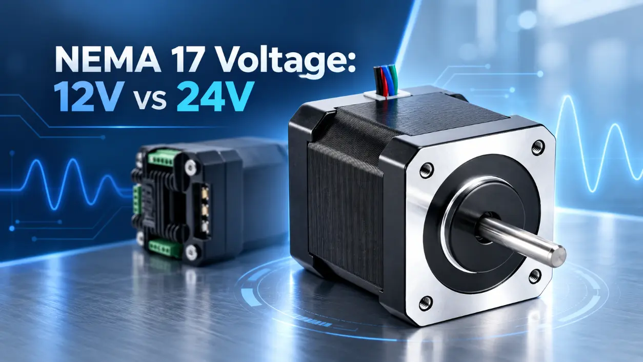 nema 17 voltage 12V vs 24V stepper motor with driver on blue industrial background for engineers